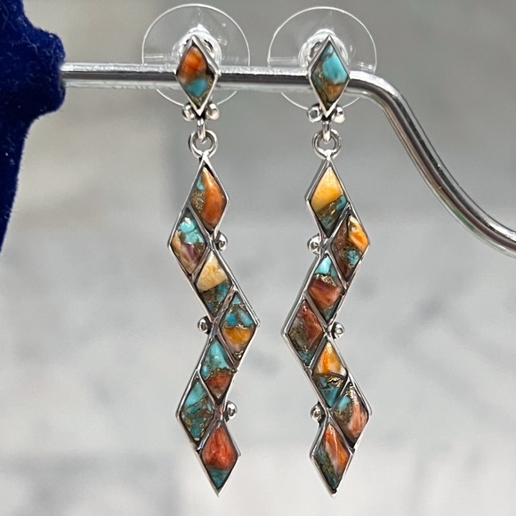 Jewelry - Santa Fe Style Spiny Turquoise Zigzag Sterling Silver BOHO Dangle Post Earrings